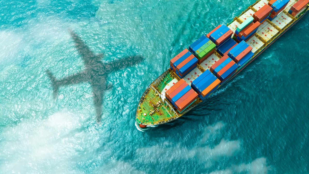 Aerial view of the freight shipping transport system cargo ship container. international transportation Export-import business, logistics, transportation industry concepts